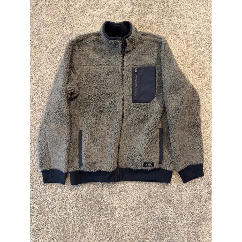 Abercrombie & Fitch Fleece Jacket Mens M Grey Sherpa Full Zip Mock Neck Pocket